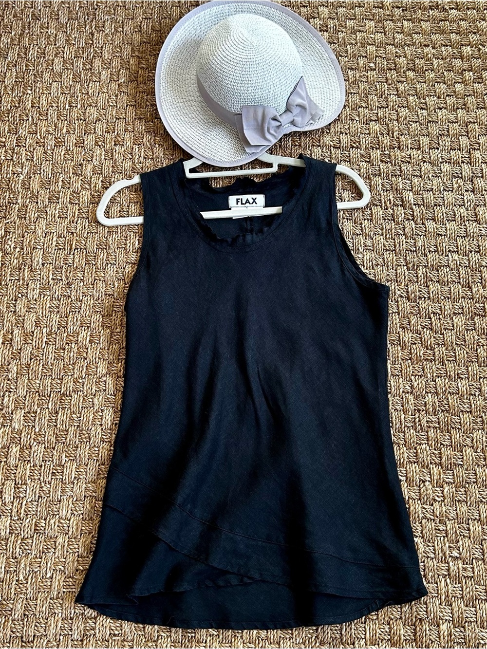 FLAX Black Ruffle Sleeveless Linen Top Size Small